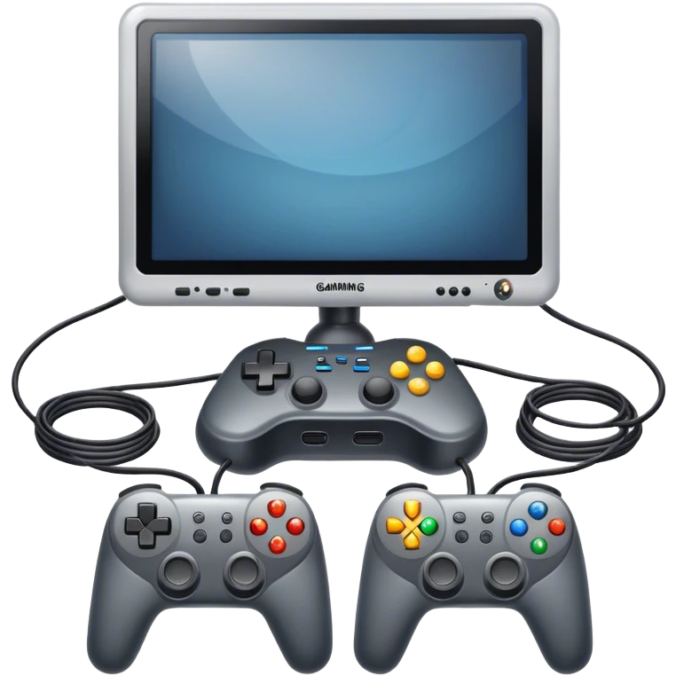 An icon showing two monitors with gaming interfaces, connected by a wire. Each monitor displays a different game screen, with two gamepads placed nearby, symbolizing multiplayer gameplay. transparent background. emoji