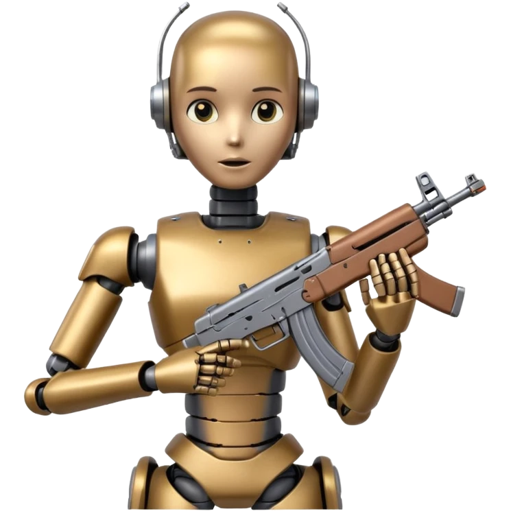 An AI humanoid robot looking smart and holding an AK-47 emoji