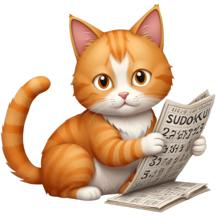 cat solving sudoku puzzles in a newspaper, concentrating on numbers, puzzle-solving cat with newspaper emoji