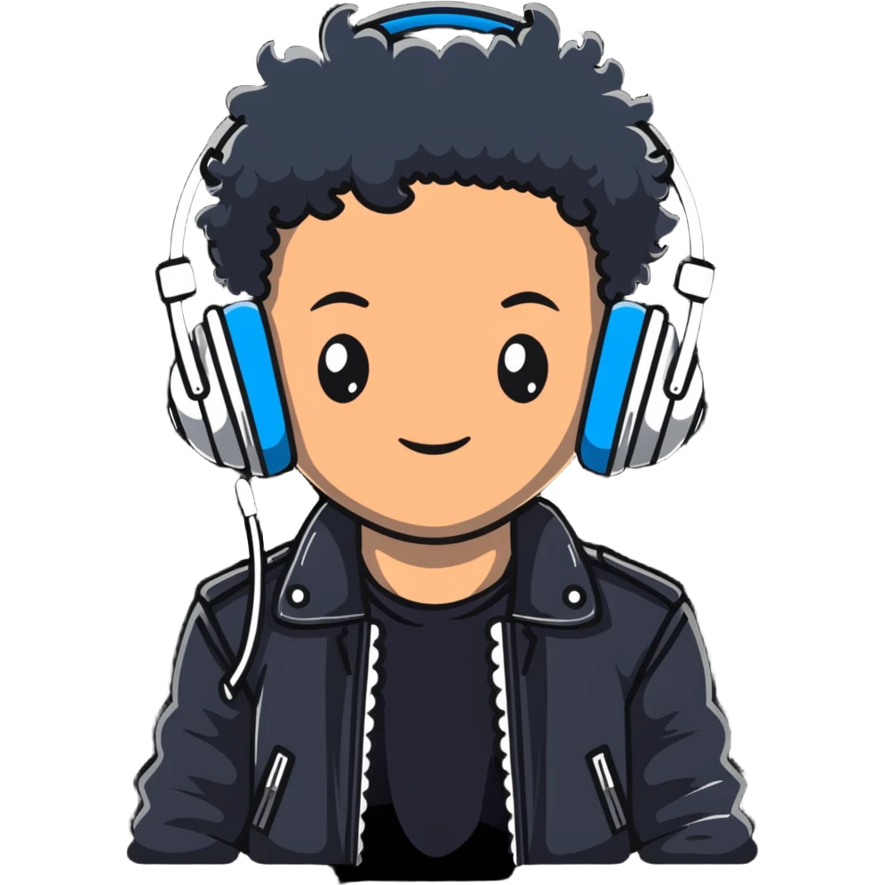 curly haired boy wearing a leather jacket and headphones music producer emoji