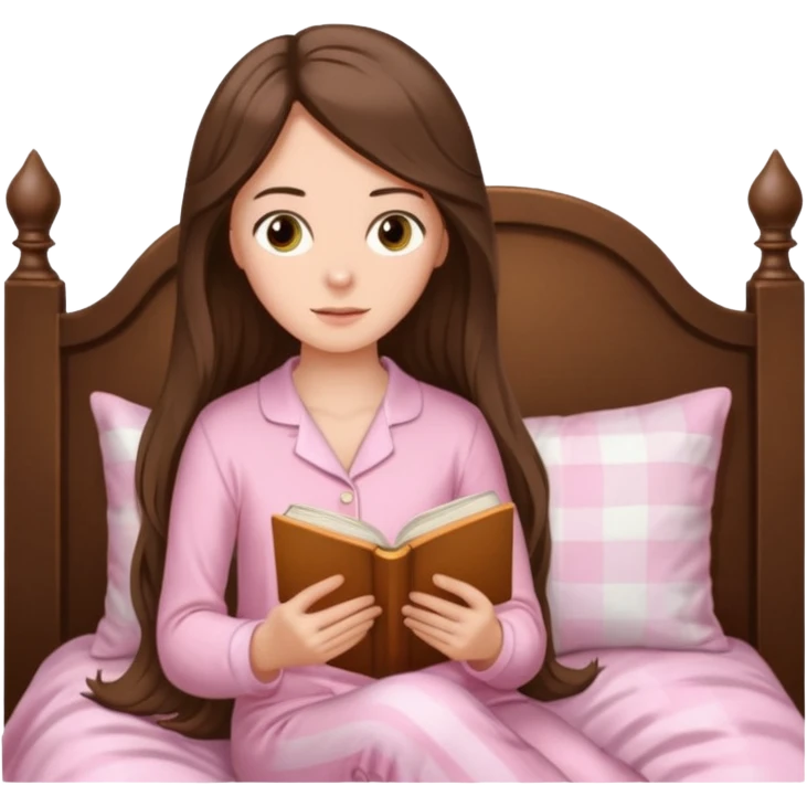  white long brunette hair girl with hazel eyes in light pink pajamas reading Pride and Prejudice emoji