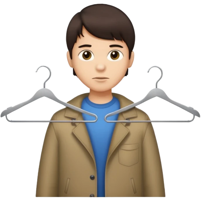 boy dark brown hair with bangs with straight eyebrows with  clothing hanger emoji