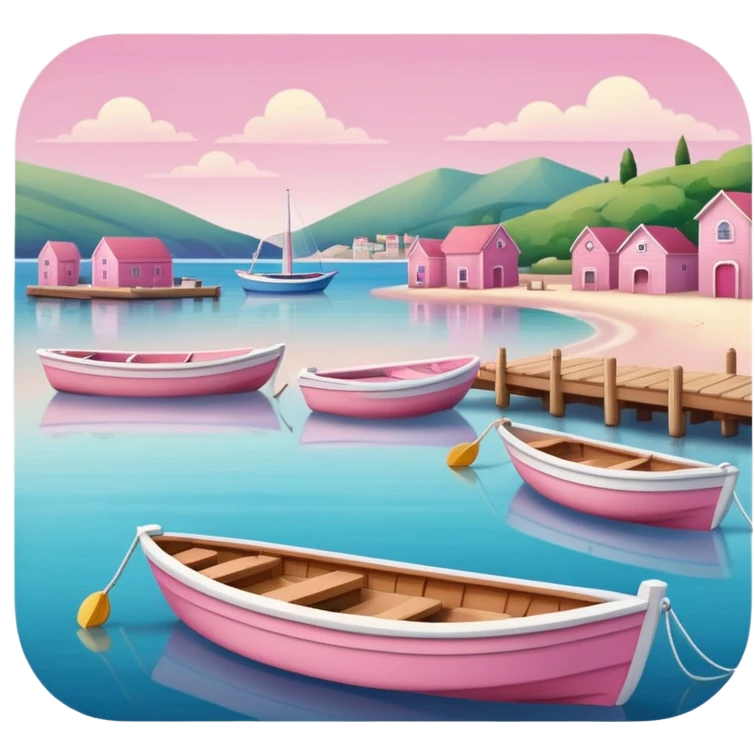 soft and aesthetic coastal harbor with small boats, wooden docks, gentle waves, beach, all in pink tones, no industrial elements, soft shadows, rounded edges, in Apple iOS emoji style emoji
