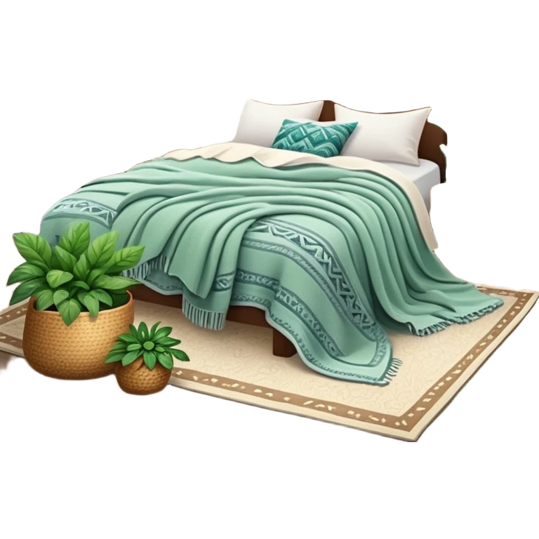cozy modern boho bedroom with many houseplants, layered rugs, and piles of textured blankets and pillows emoji