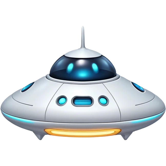 Design a simple, friendly spaceship with a smooth, rounded shape. Add a clear 'face' on the front using glowing lights for eyes and a curved line for a smile, giving it personality. Use a plain background to keep the focus on the ship emoji