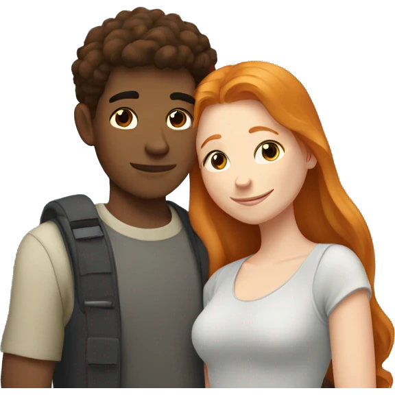 young brown Man and young ginger woman cuddle emoji