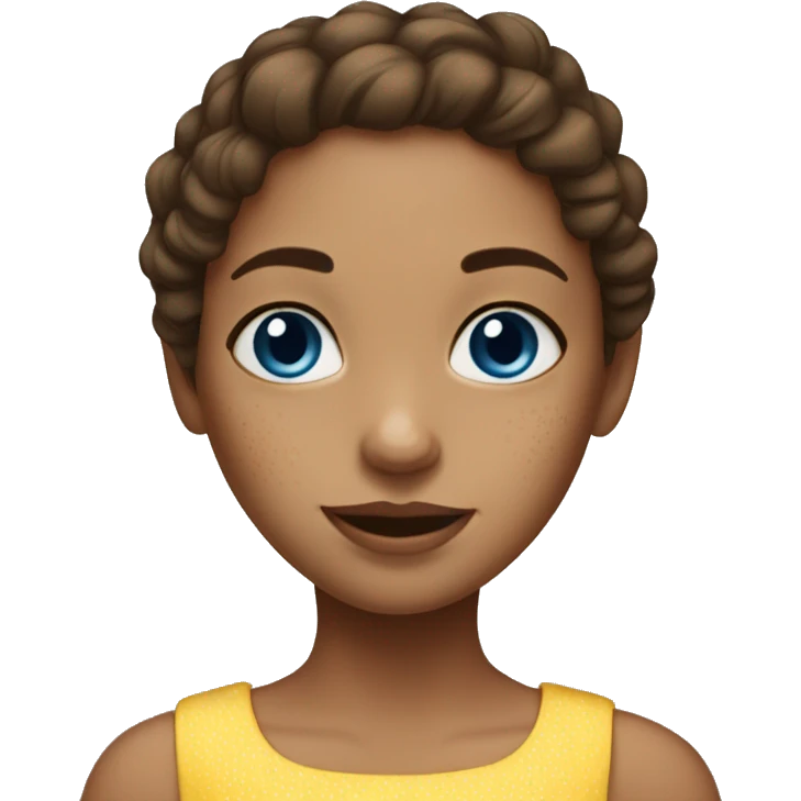 girl with brown hair, 1 white vitiligo strand of hair, blue eyes, freckles and yellow dress emoji
