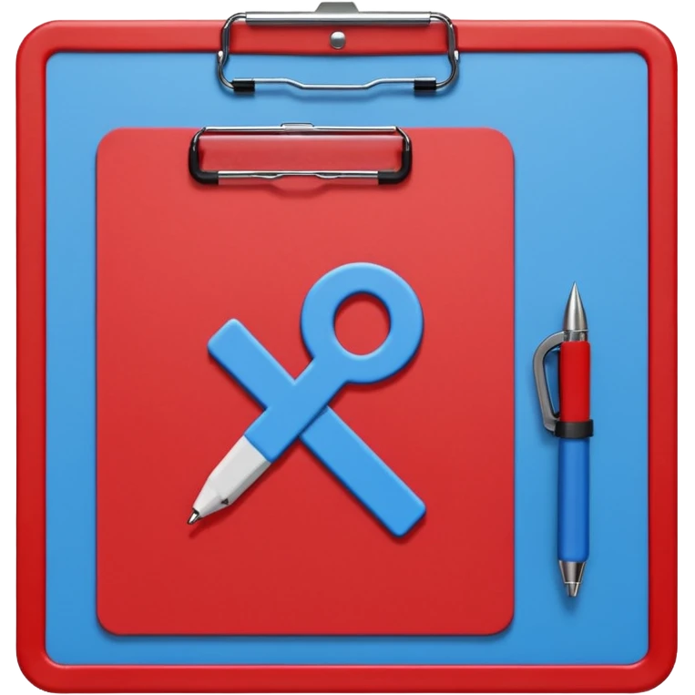 A red clipboard with a tactical scheme (X's and O's) crossed out and a question mark (?) above it. blue (#00A3E0) and red (#F9423A) emoji
