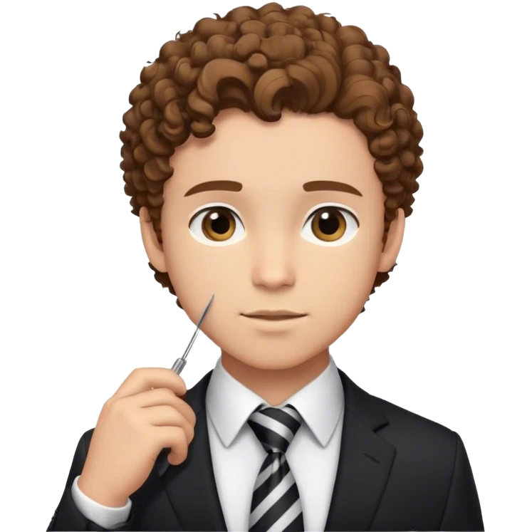 The person in the photo is a young man with curly brown hair, wearing a black suit, white dress shirt, and a striped tie. He is adjusting his tie while looking directly at the camera with a confident expression. emoji