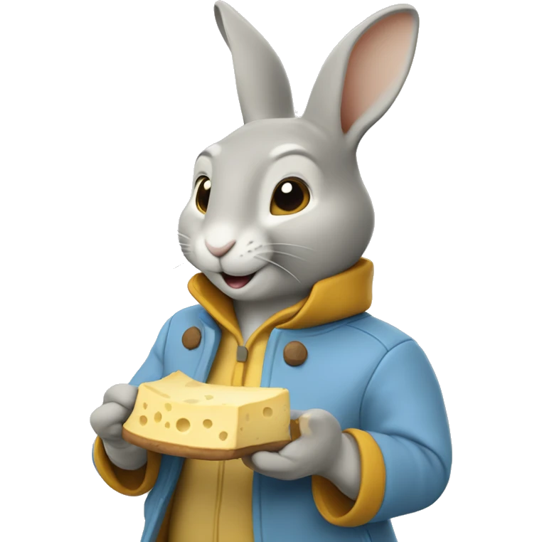 Peter rabbit: a yellow rabbit wearing a light blue jacket. Eating a gorgonzola cheese emoji