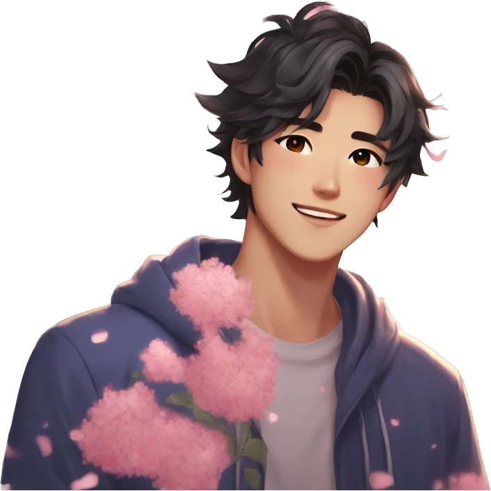 Gorgeous bright sparkly romantic Asian anime style guy with blushing face and flowers aesthetic trending style outside emoji
