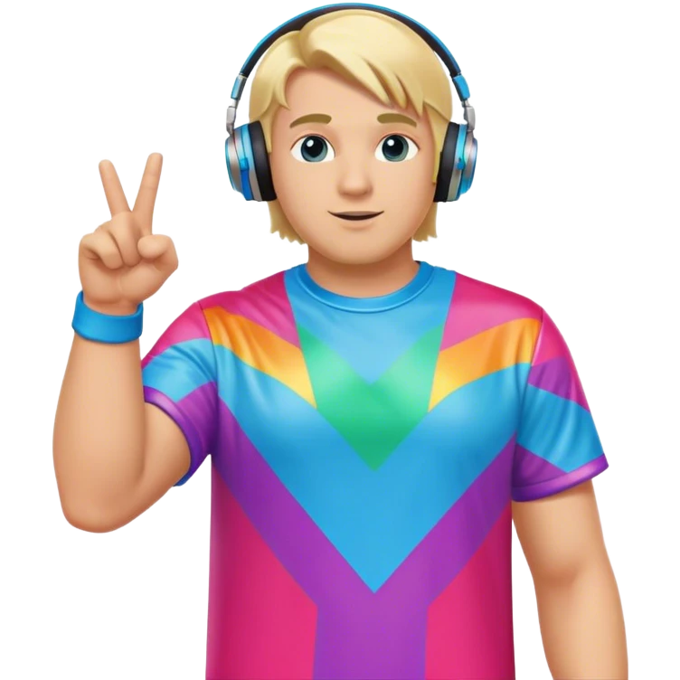 blond big man in colorful dj outfit pointing to side emoji