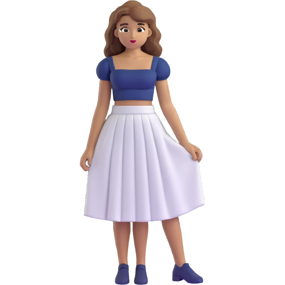 tan girl with wavy hair, white long skirt, navy blue ruched square neck crop top, hands on hips emoji