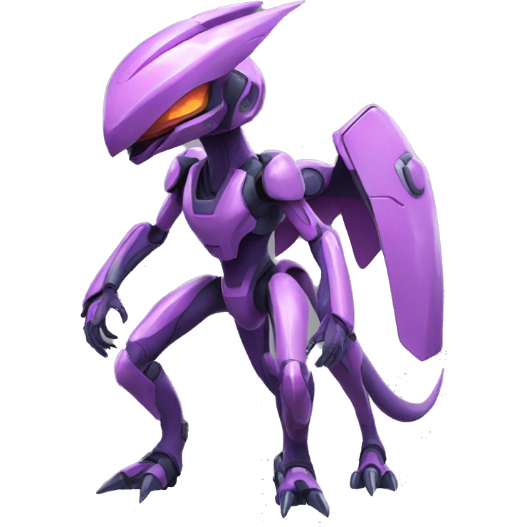 a shiny Genesect-Raptor-Fakémon—hybrid with a futuristic visor-helmet full body emoji