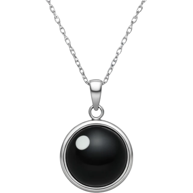 polished round black onyx pendant on a delicate silver chain, glowing faintly like a celestial orb emoji