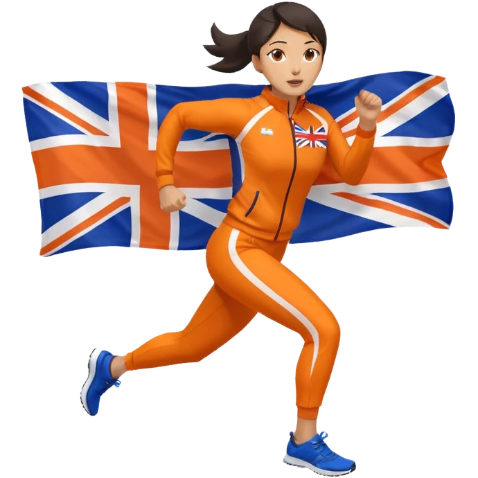 asian woman in orange sport suit and uk flag on the back holding it, running emoji