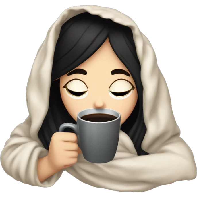 white girl with black hair inside a blanket sipping coffee eyes closed emoji