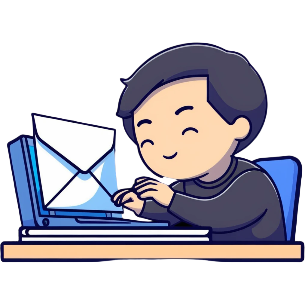 Person taking a deep breath with eyes closed, sitting at desk with email notification on screen emoji