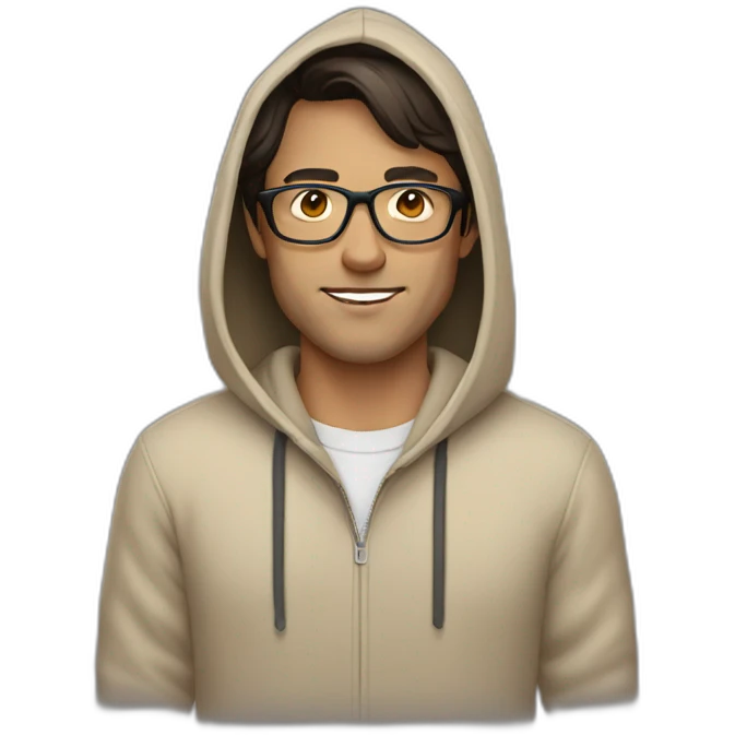 Man with dark brown hair and glasses wearing a beige hoodie emoji