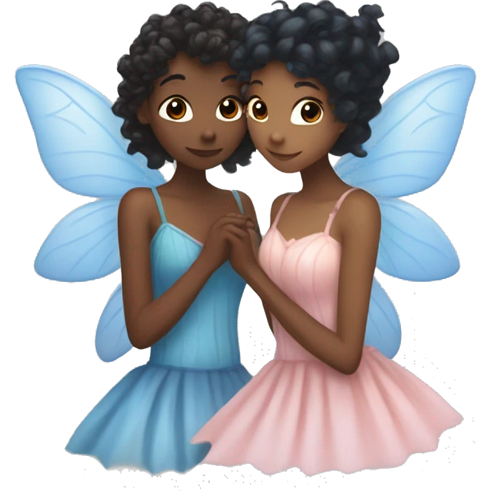 two fairies kissing, one is pale white and has a pink dress and her hair is orange, and other is dark brown with curly black hair and a blue dress emoji