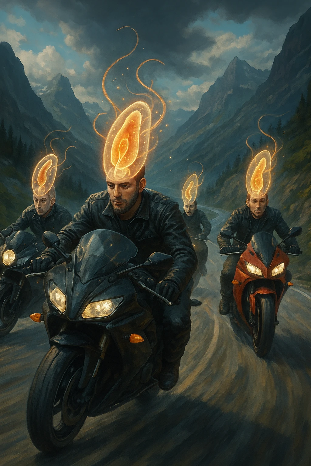 A group of motorcyclists riding aggressively along a winding mountain road at high speed. Their expressions are eerily calm and fearless. Faint, translucent parasite-like forms (symbolizing Toxoplasma gondii) overlay their heads or brains, emitting a subtle glow. emoji