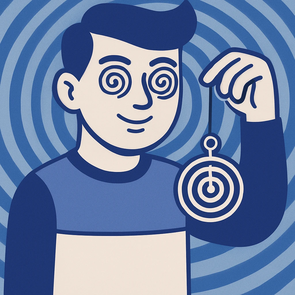 Add a hypnotic swirling background behind the stylized character, maintaining the flat blue illustration style. emoji