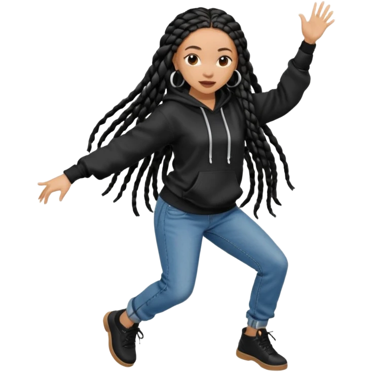African American light skin girl with long black box braids wearing a plain black hoodie wearing denim jeans and shoes dancing in music video emoji
