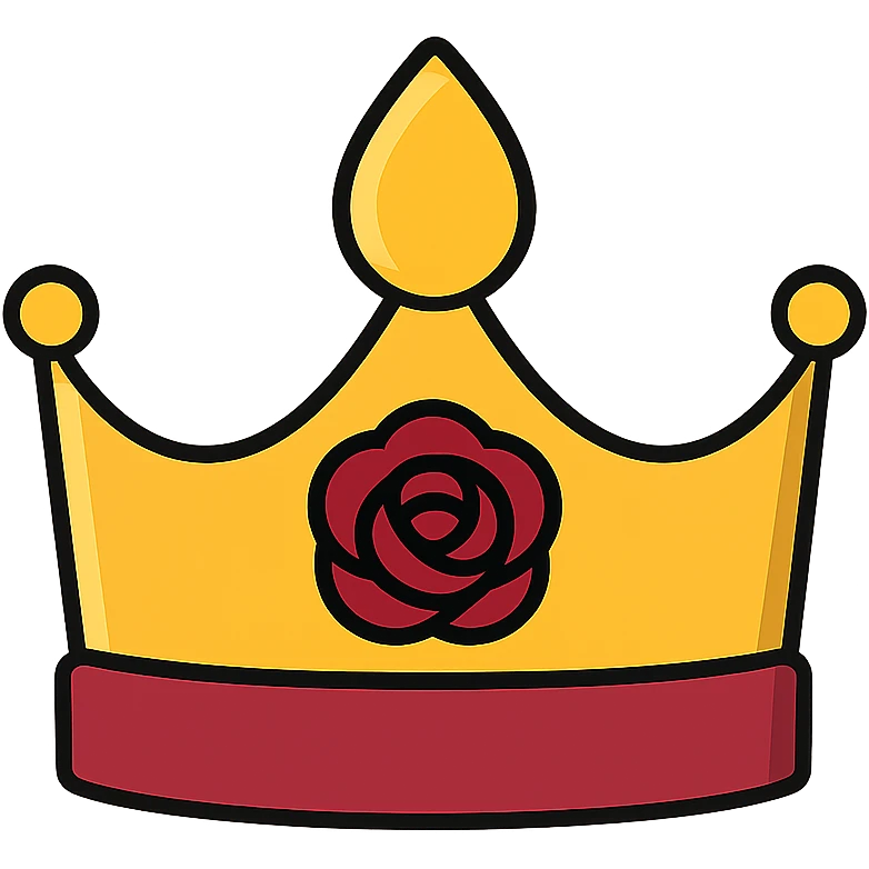 A queen level golden fantasy tiara-crown, golden and velvet crimson color shaded, with dark rose engraved in the ring of the crown, semi-realistic emoji