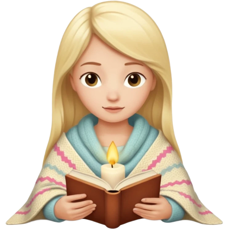 Cozy blonde girl reading book with blanket and candle emoji