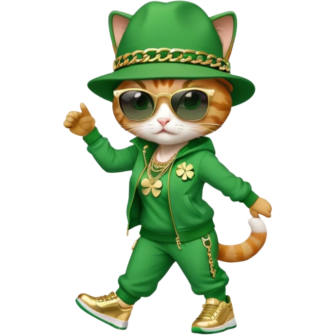 female cat wearing hip-hop Run DMC outfit with green tracksuit, fedora with shamrock, dark sunglasses, gold chains, bling accessories, St. Patrick's Day theme, break dancing emoji