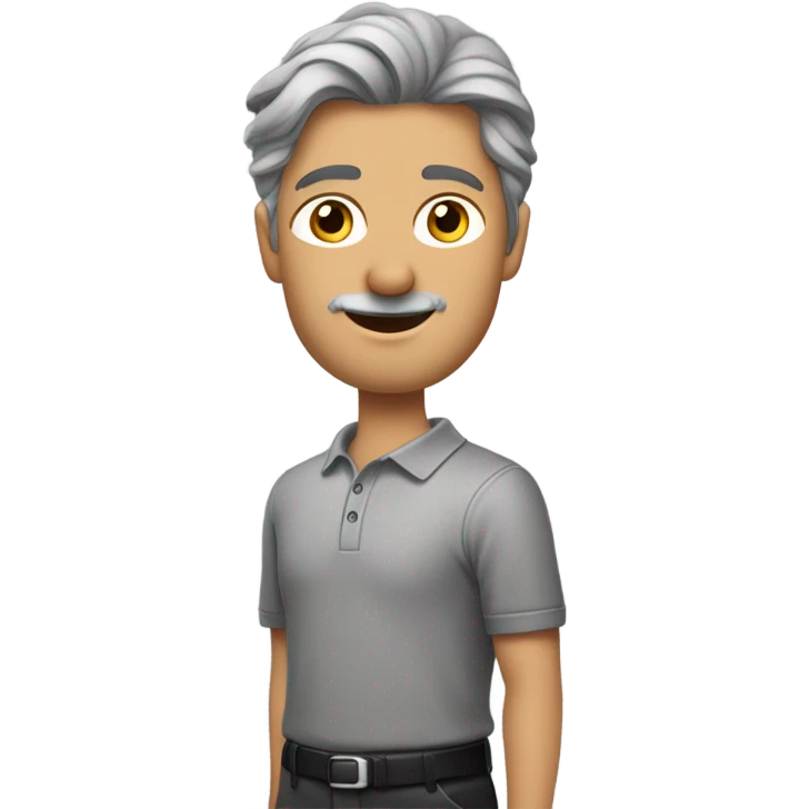 een man met grijs haar en grijze stoppeltjes, met een lange grijze broek, zwarte laarzen en een lange mouwen polo in de kleur zwart emoji