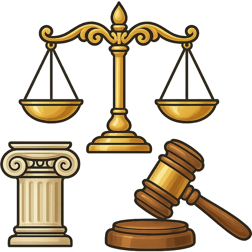 Vector illustration of a classic symbol of law (e.g. scales of justice, gavel, courthouse column), designed with elegant and refined lines. Include intricate golden detailing, soft gradients for a polished metallic look, and realistic shadows and highlights for depth. Style should be clean and professional, with a modern yet timeless feel. Transparent background emoji