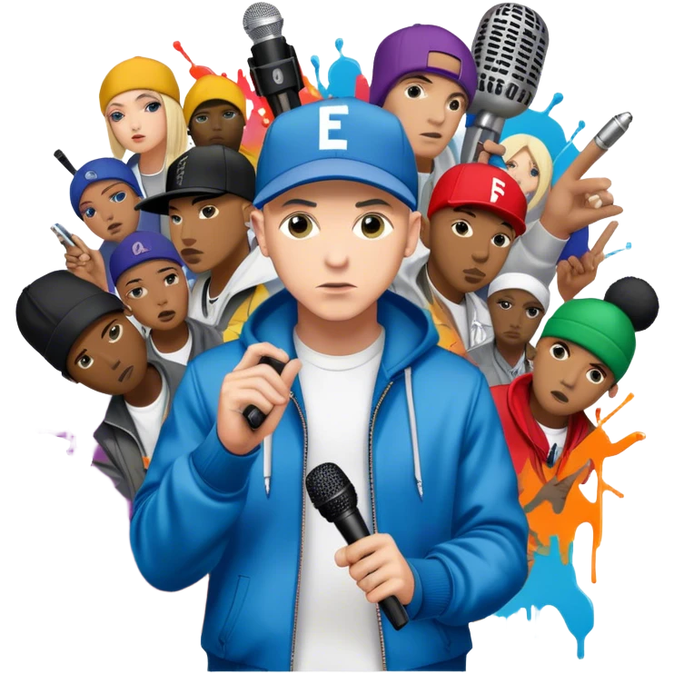 Icon for Hip-Hop Music: Eminem with his signature microphone, surrounded by other hip-hop icons. The design should reflect the raw energy of the genre with urban elements, graffiti, and vibrant colors. Transparent background. emoji