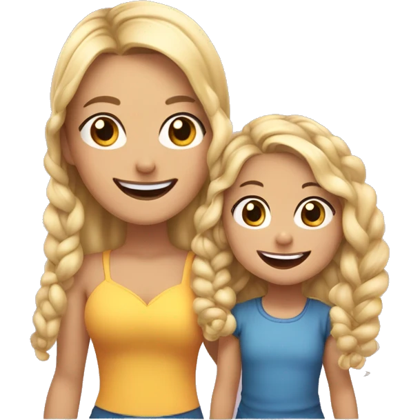 An emoji of a blonde mother with very long hair and a cheerful expression, standing next to her 3-year-old daughter, a small girl with black hair styled in two braids, both smiling happily together emoji