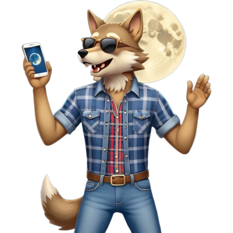 friendly anthropomorphised wolf in jeans and plaid shirt, wearing dark sunglasses, howling with the moon in the background, dynamic pose emoji