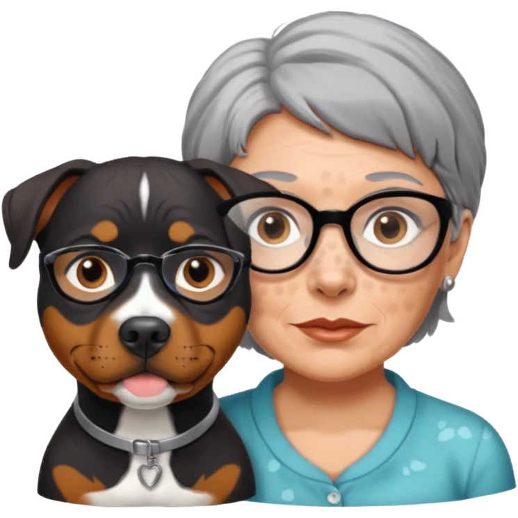 ONE Pit bull Rottweiler mix with white muzzle and spots on muzzle next to ONE older woman with really short grey hair and brown eyes emoji
