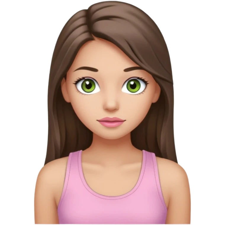Create a teen girl wearing a light pink tank top. She will have long brunette hair, tan skin, pink lips, and grey-green eyes. She has long eyelashes. emoji