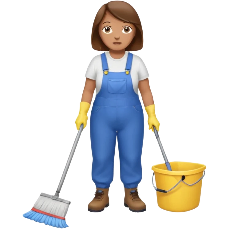 old and fat women, brown hair, Custodian with yellow rubber gloves, white T-shirt, blue overalls, mopping floor emoji