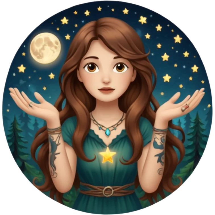 forest mystic woman long wavy brown hair tattoos catching falling moon spark in hands emoji