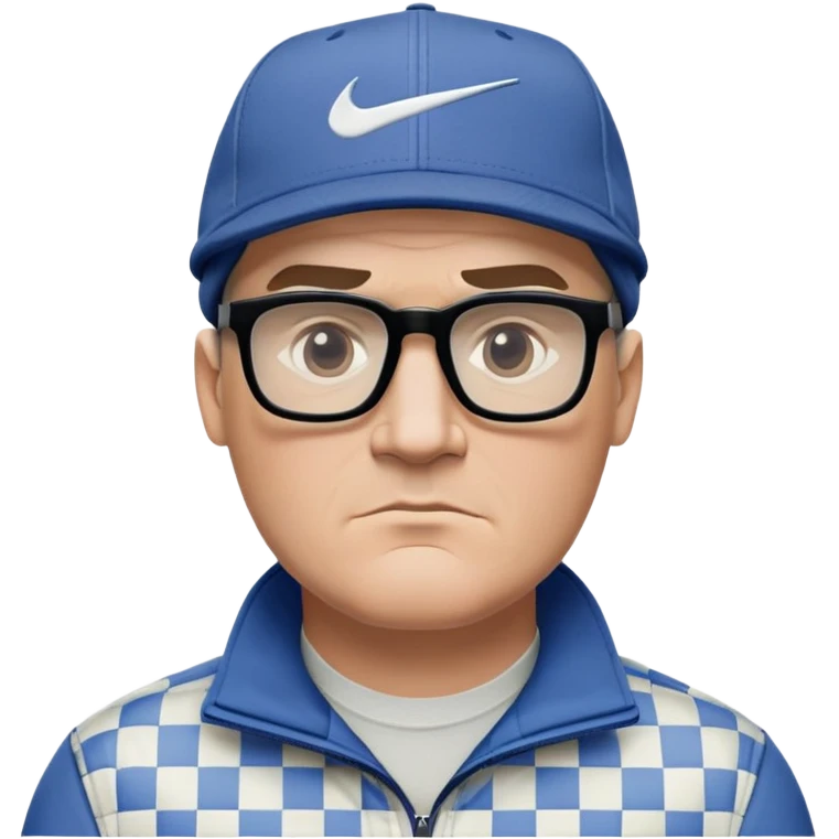 50-year-old heavyset man with very wide face and prominent square jawline. Short straight hair combed to the side, not balding, wearing a black Nike cap. Large dark square glasses. Serious-relaxed expression. Light gray jacket that fits his larger frame, white shirt with blue checkered pattern. emoji