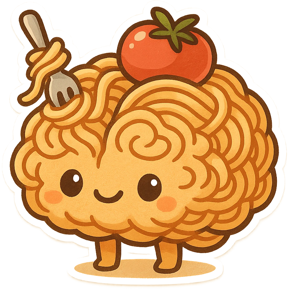 brain shaped like a spaghetti nest with a tiny fork twirling noodles and a tomato on top, humorous cartoon style referencing Italian brainrot emoji