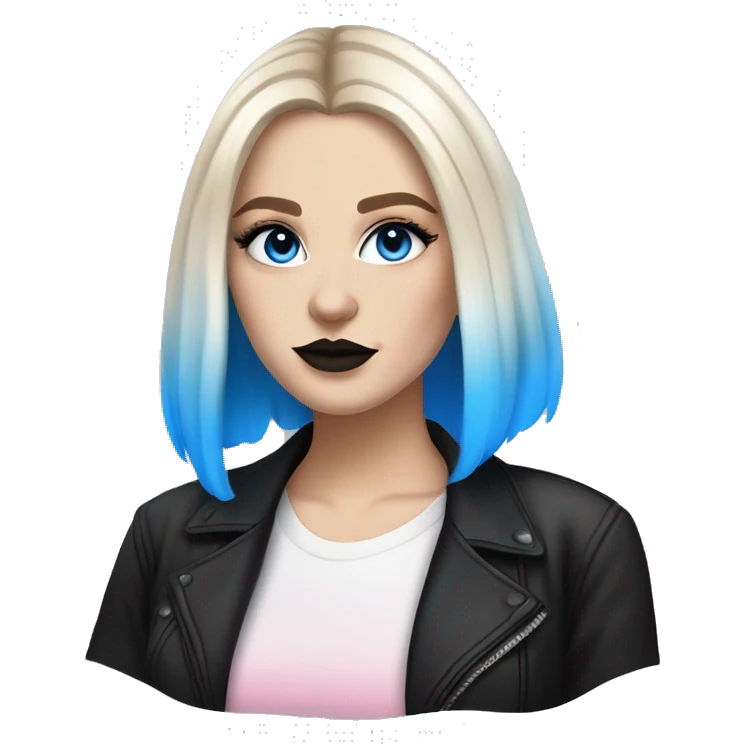 Slavic adult woman, goth eyes makeup, pink lips, blue eyes, medium bob black-to-blonde ombre wavy hair, white T-shirt and black office jacket. emoji