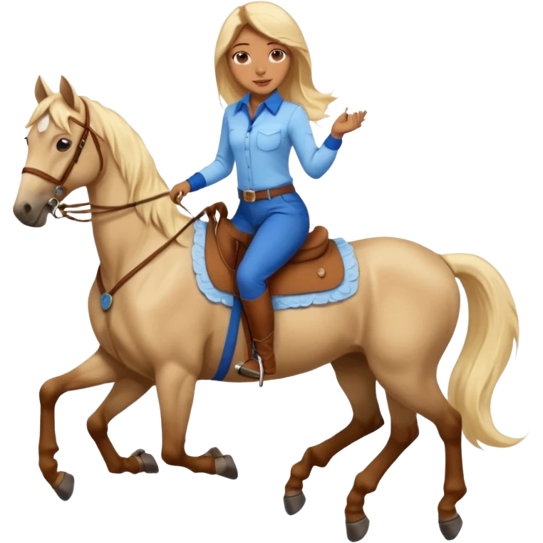 Brown girl with very long blonde hair wearing a cream colored; collared long sleeve shirt and blue riding pants with brown boots on top of a brown horse with 4 legs emoji