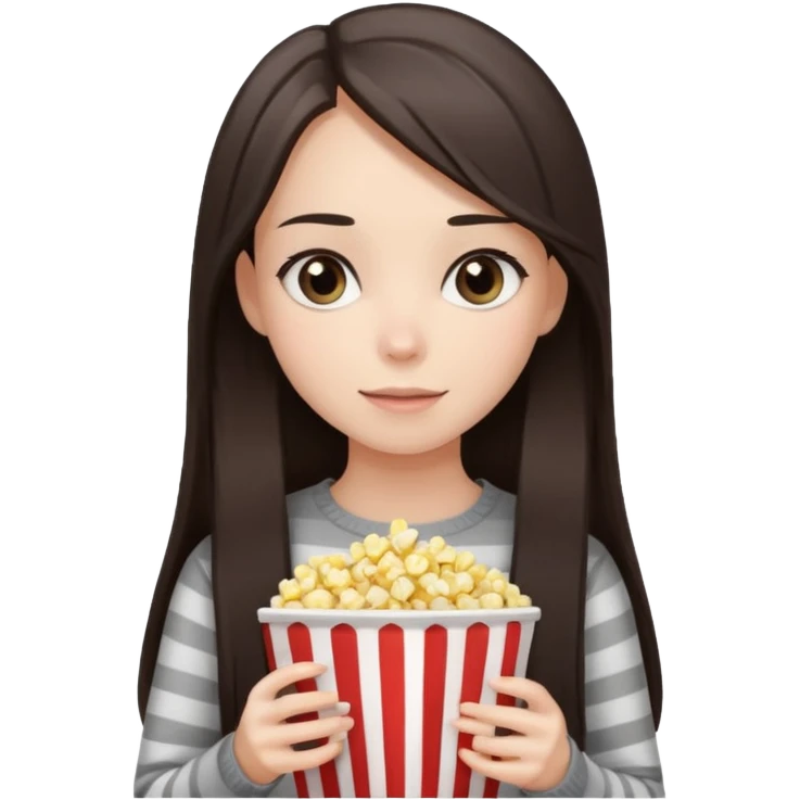 girl with dark brown straight long hair, striped light sweater, gray gray eyes, holding popcorn in her hands emoji