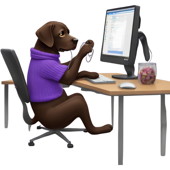 Chocolate lab working on computer with small headset , food on desk, wearing purple sweater  emoji