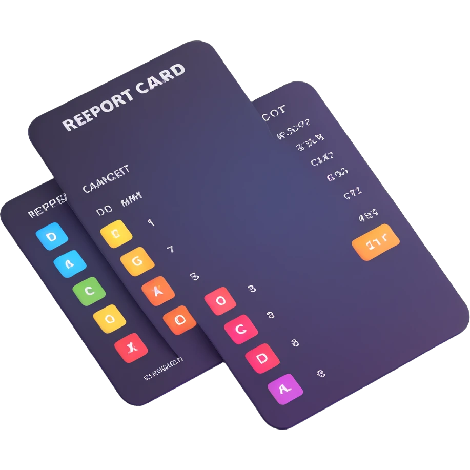 report card with soft gradients, rounded corners, iOS app icon feel emoji