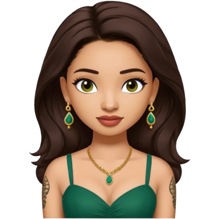 pretty bratz genmoji that looks like tamannah bhatia (bollywood actress), wearing a dark green sweetheart neckline top, dark brown hair, light makeup, no necklace, dangly earrings, side hair part, dark brown eyes, with tattoos emoji