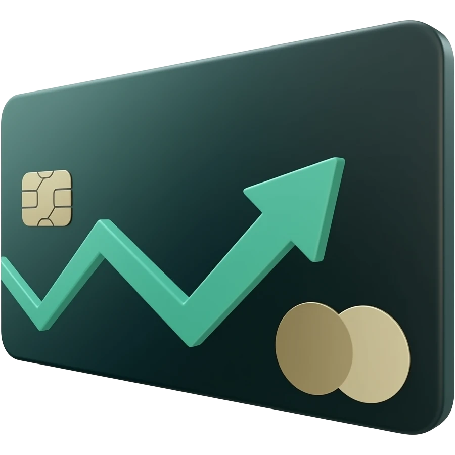 Minimalist 3D render of a sleek credit card with a subtle upward arrow, dark background, soft green accents, premium fintech style, lots of negative space emoji