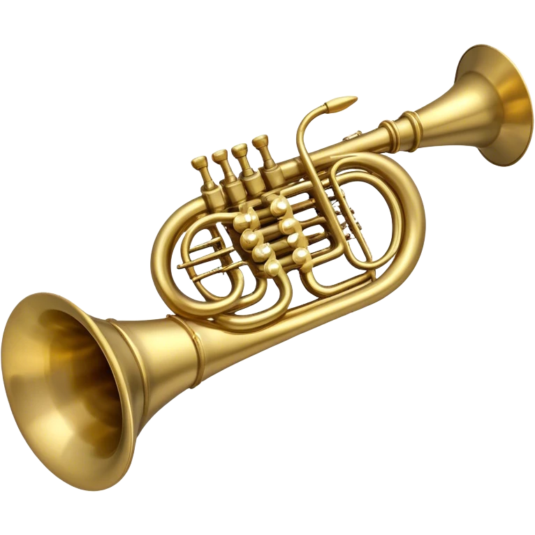 Create a refined and elegant emoji representing the Arnolds & Sons AHR-350 horn. The design should feature the instrument's beautifully coiled brass body with its distinct flared bell, showcasing the high-quality craftsmanship. Include delicate details like the tuning valves, finger buttons, and elegant brass finish. Add subtle musical notes around the horn to symbolize its melodic sound. Use warm golden and brass tones to convey the luxury and professional quality of the instrument. The background should be transparent emoji