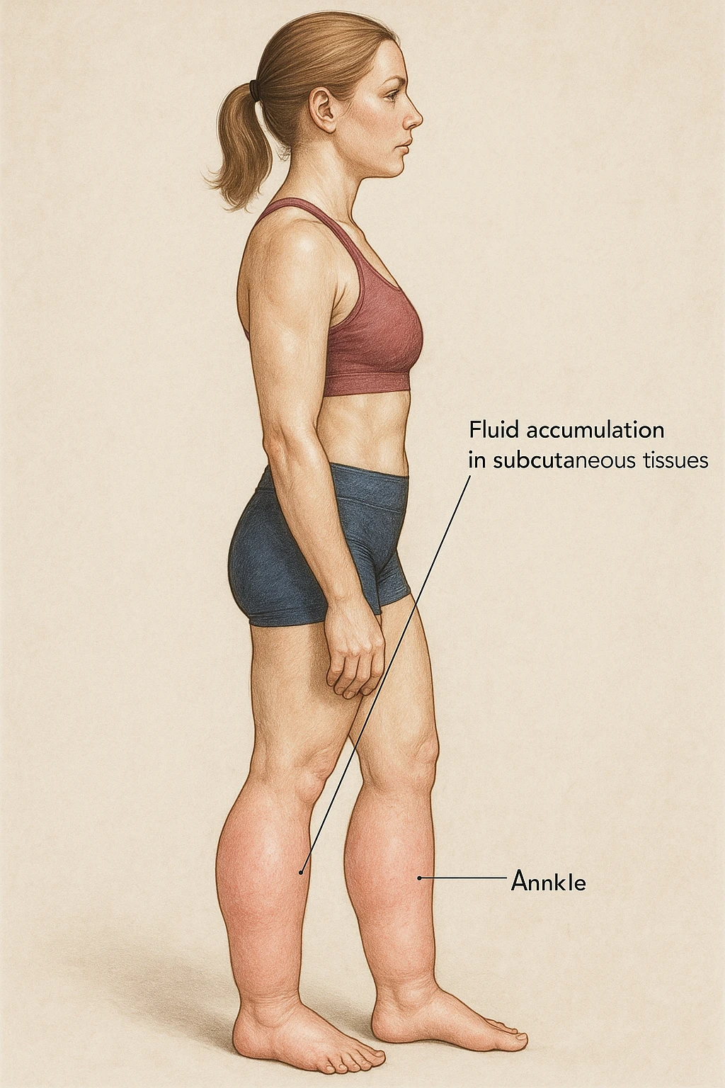 realistic anatomical illustration of a woman in sportswear, side view, showing localized swelling on calves and ankles due to water retention, highlighting fluid in subcutaneous tissues, neutral medical style background emoji
